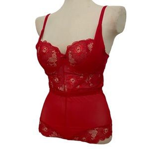 Frederick’s of Hollywood Valerie Bodysuit Lace Romper Cherry Red Teddie Small